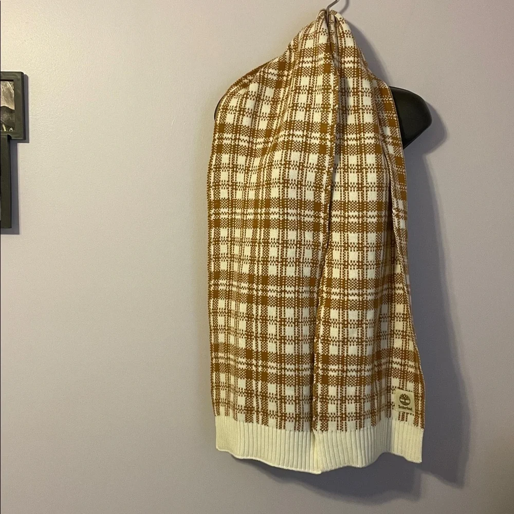 Timberland Tan Brown Cream Windowpane Plaid Knit Scarf
